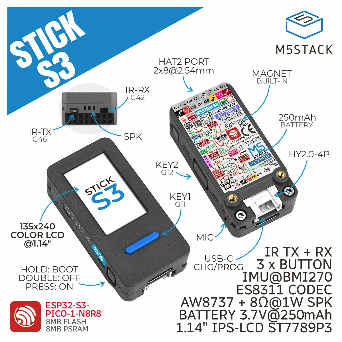 M5Stack StickS3: kit ESP32-S3 para IoT, áudio e interfaces gráficas